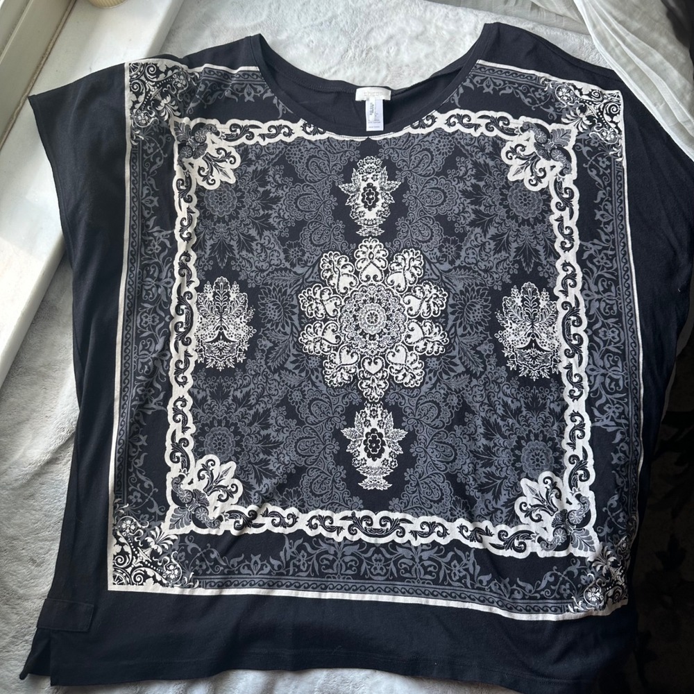 Bedazzled Damask Print Black Tuscan Mom Boxy Top Alt Baddie